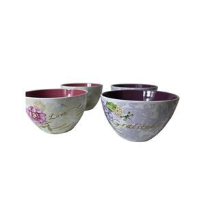 JULIA MINASIAN Gratitude Love Purple Pink Stoneware Cereal Soup Bowls Set of 4